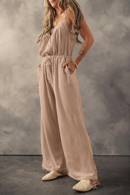 Blass khakifarbener jumpsuit mit geknoteten trägern und strukturiertem kordelzug