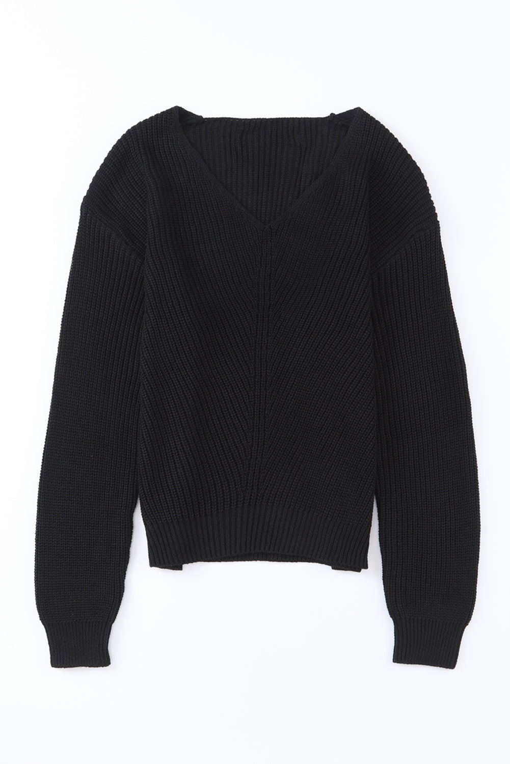 Schwarzer pullover mit v-ausschnitt aus rippenstrick