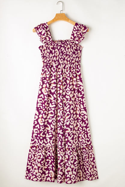 Rose leopard rüschenriemen gesmoktes langes kleid mit hoher taille