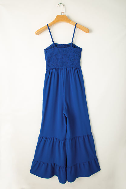 Marineblauer spaghettiträger-overall mit gerafftem, weitem bein