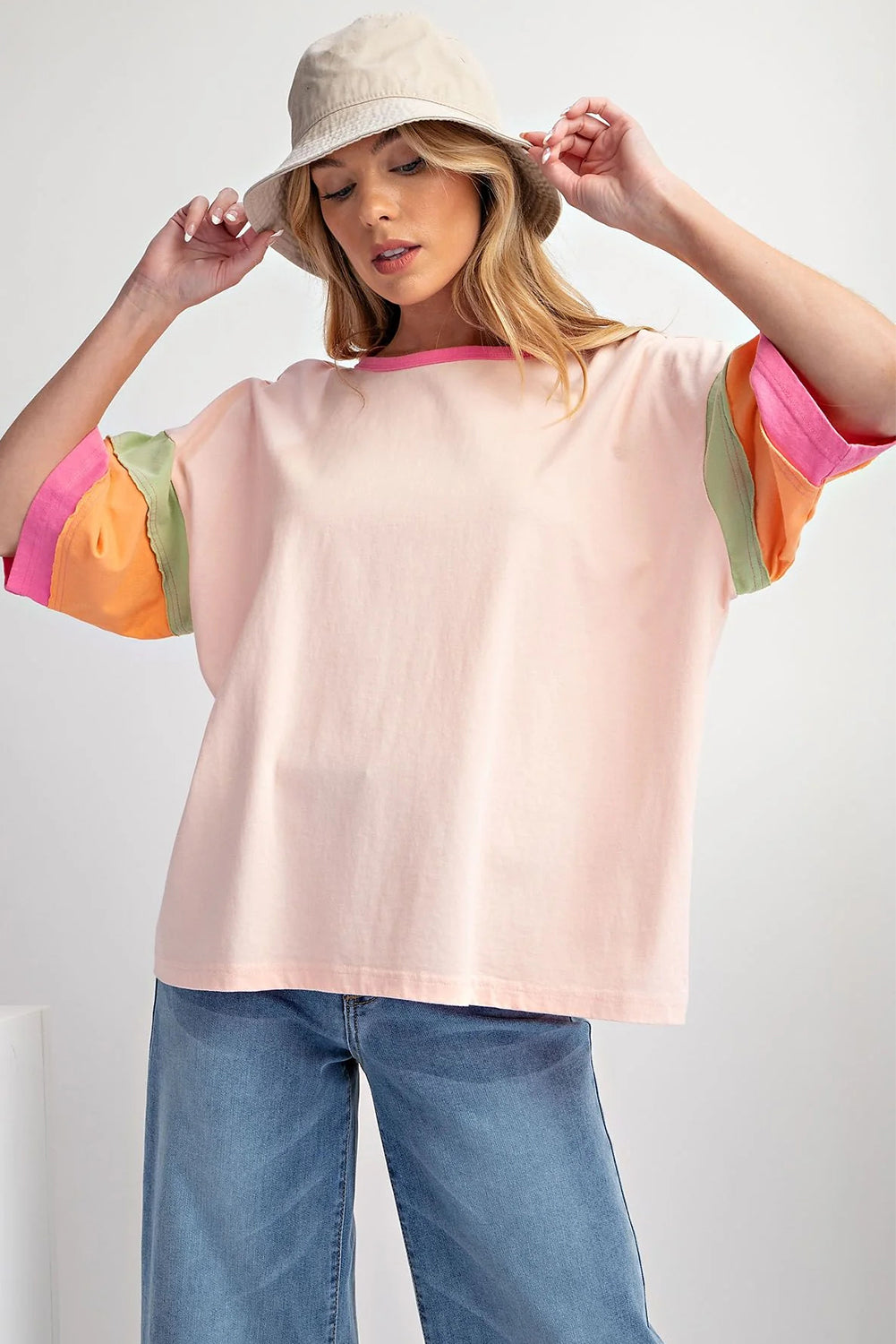 Rosa farbe blocknaht ärmel rundhalsausschnitt oversize top