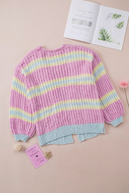 Rosa gestreifte strickjacke mit offener vorderseite und kontraststreifen