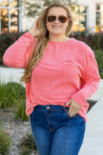 Peach blossom plus size gerippt strukturierte langarm-t-shirt