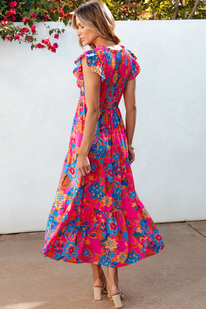Rosenrot boho floral v-ausschnitt rüschen gestreift langes kleid