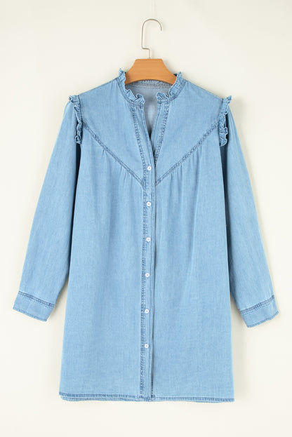 Myosotis Geraffter V-Ausschnitt Geknöpftes Shift-Denim-Kleid