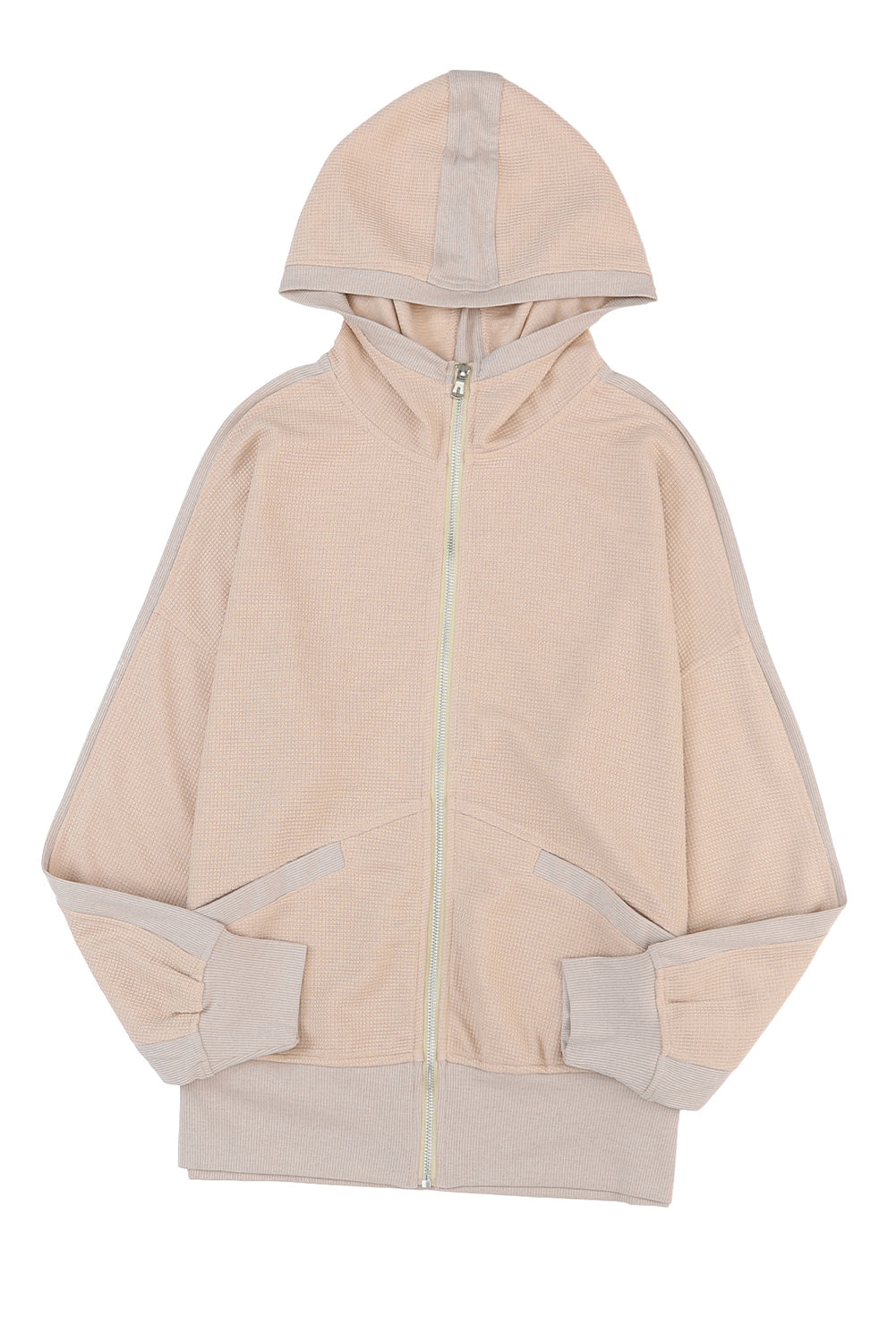 Khaki thermal waffle knit full zipper hooded jacket