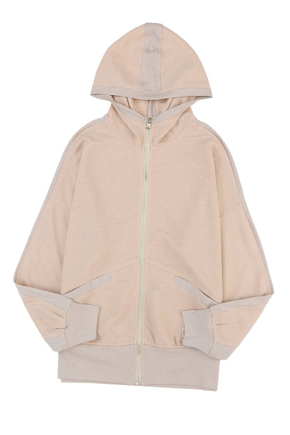 Khaki thermal waffle knit full zipper hooded jacket