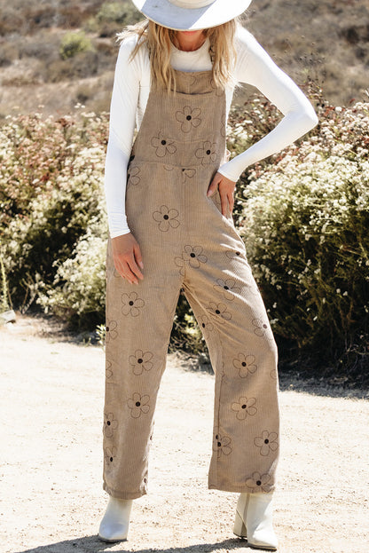 Khakifarbener kord-overall mit blumendruck