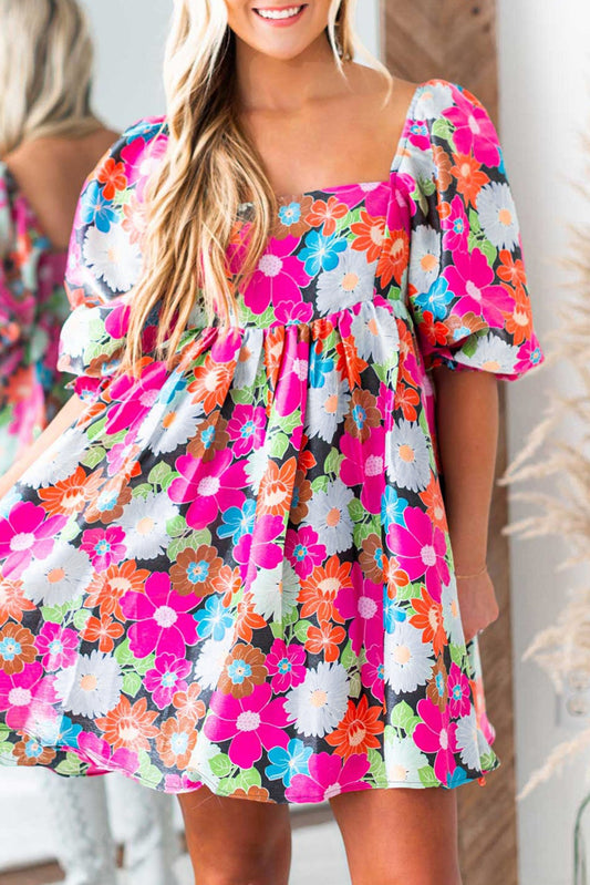 Rose floral print quadratischer ausschnitt kurzes kleid mit puffärmeln