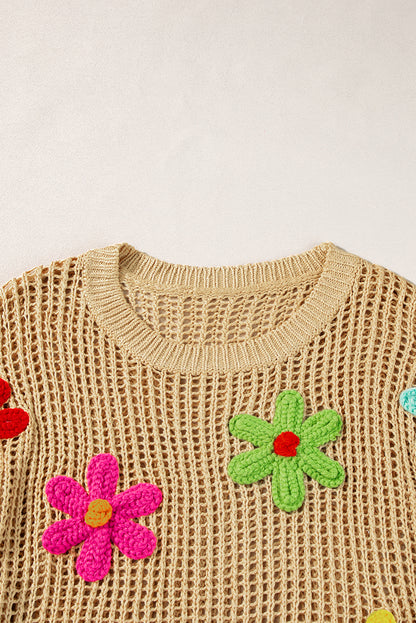 Helles french beige häkelblumen-hohlsaum-pullover-t-shirt