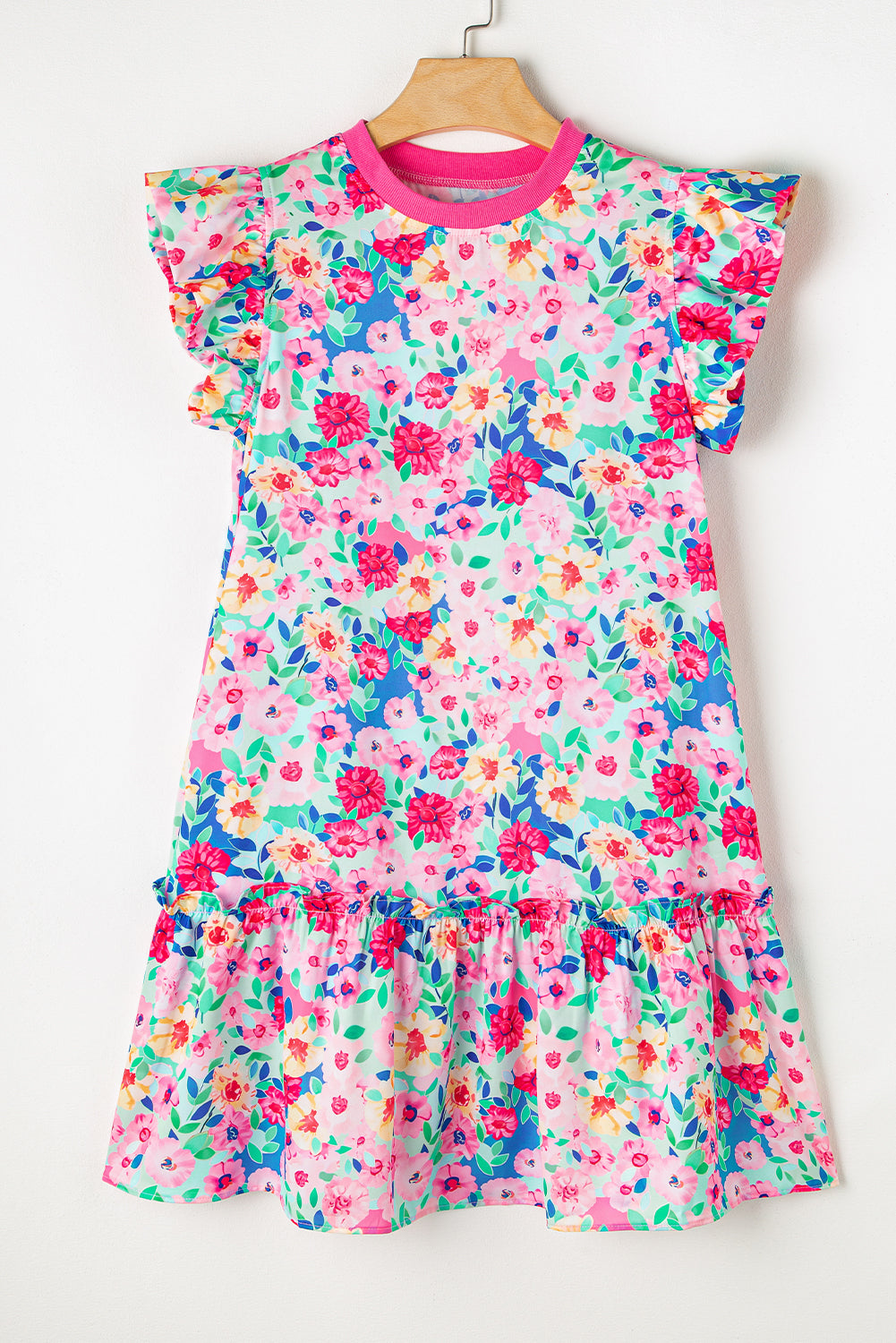 Multicolour floral print flatterärmel gerafftes minikleid