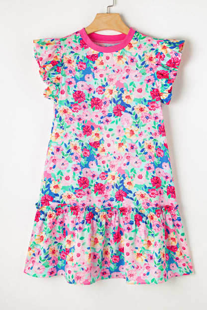 Multicolour floral print flatterärmel gerafftes minikleid