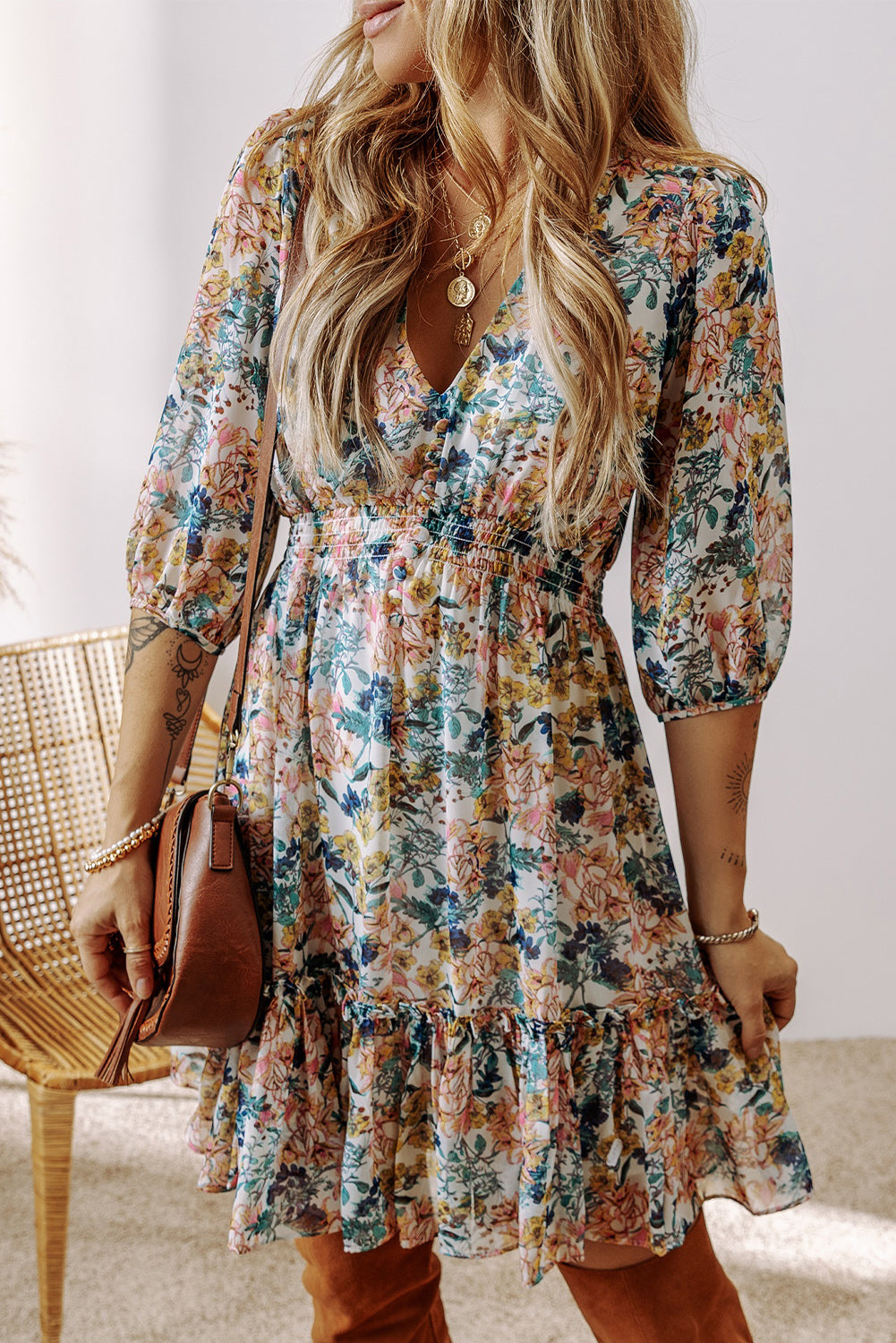 Himmelblau floral 3/4 ärmel v-ausschnitt hohe taille gerafftes kleid