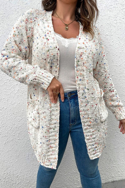 Weiße regenbogen-popcorn-sprenkel strickjacke mit offener vorderseite