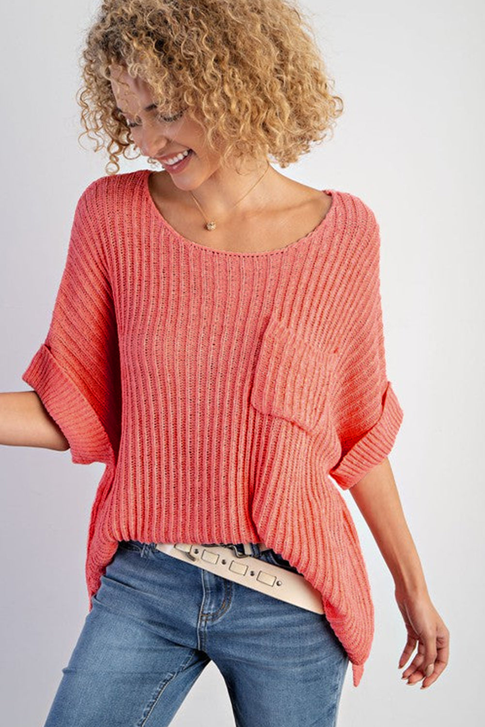 Fresh salmon rolled cuffs lose gestricktes tee mit schlitzen