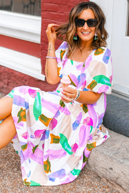 Lila Abstraktes Print Puffärmel Midikleid mit gesmoktem Rücken