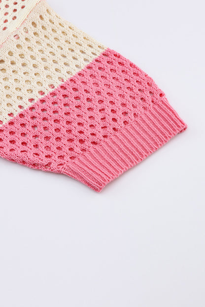 Rosa gerippte kurzarm-strickjacke mit ombre-ösen