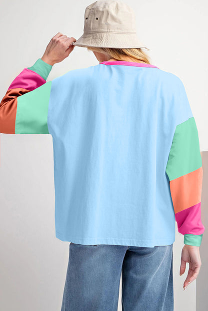 Dunkelblaues colorblock patchwork-langarm-top mit lockeren ärmeln