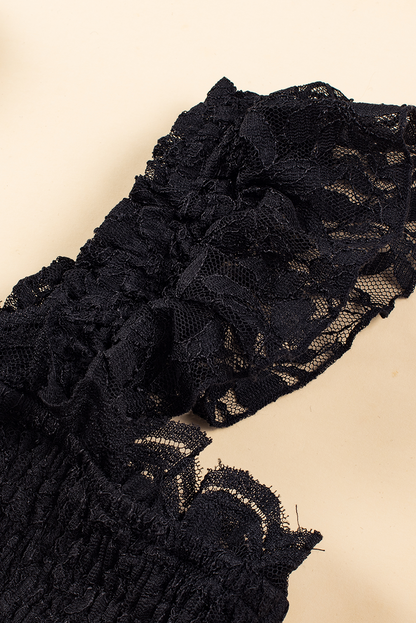 Schwarzes ärmelloses Midikleid mit gesmoktem Mieder aus Spitze