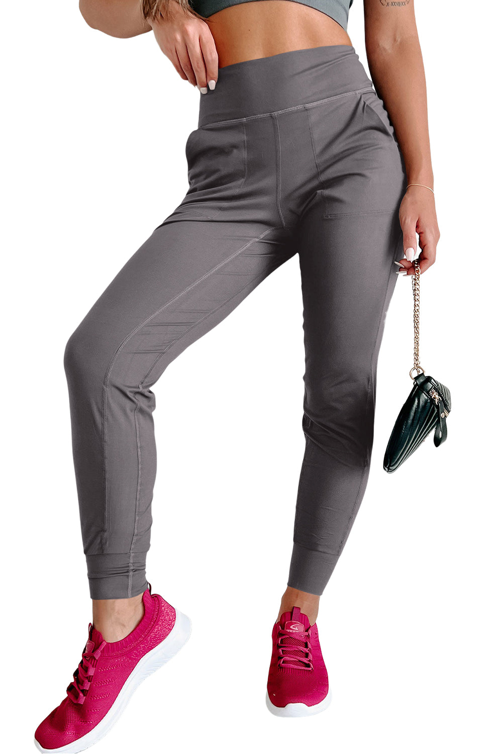 Mittelgraue jogginghose mit hoher taille und offener naht