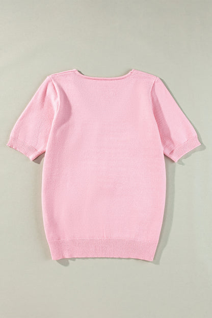 Rosa blume gehäkelt v-ausschnitt kurzarm pullover