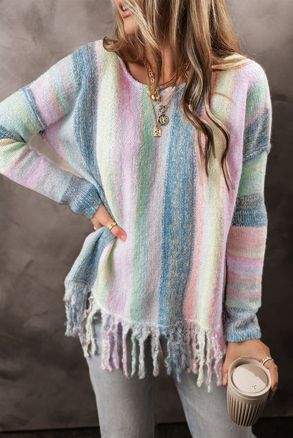 Lila farbe block fransen drop shoulder tunika pullover