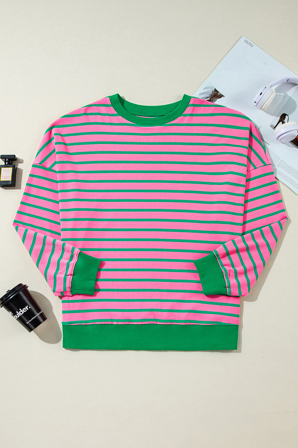 Rosa streifen waffel stricken rundhalsausschnitt plus größe pullover