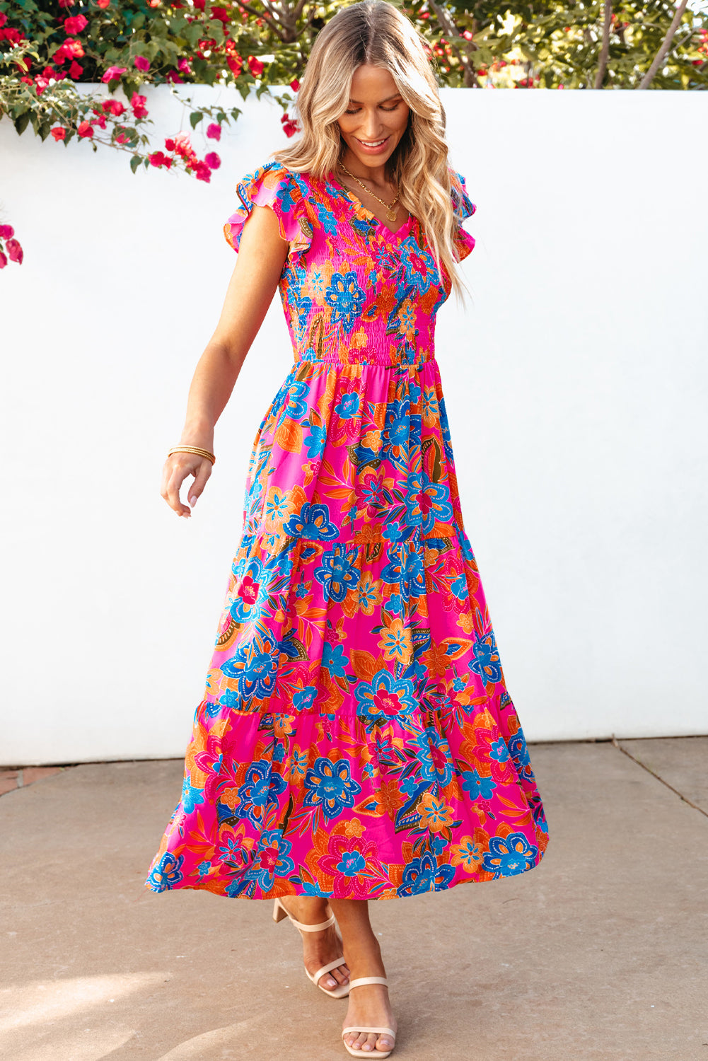 Rosenrot boho floral v-ausschnitt rüschen gestreift langes kleid