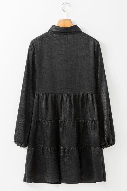 Schwarzer metallic-glanz puffärmel button up mini shirt kleid