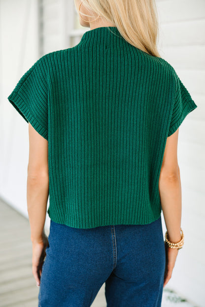 Schwarz-grüner aufgesetzter rippenstrickpullover mit kurzen ärmeln