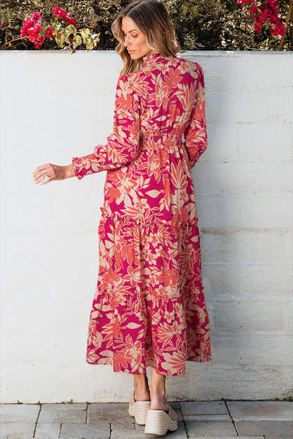 Geknöpftes maxikleid mit rosa blumenmuster und hoher taille
