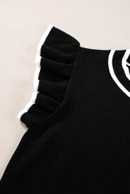 Schwarzer rand paspel geraffte ärmel rundhalsausschnitt stricken t shirt
