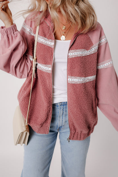 Rosa sherpa patchwork spitze elastische manschette zip up jacke