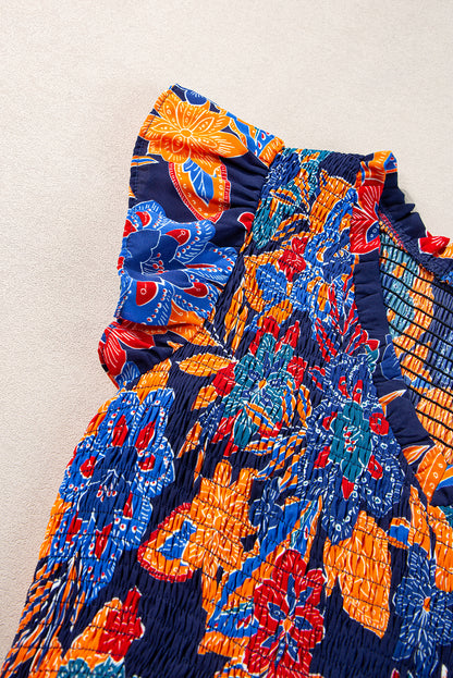 Dunkelblau boho floral v-ausschnitt rüschen gestreiftes langes kleid