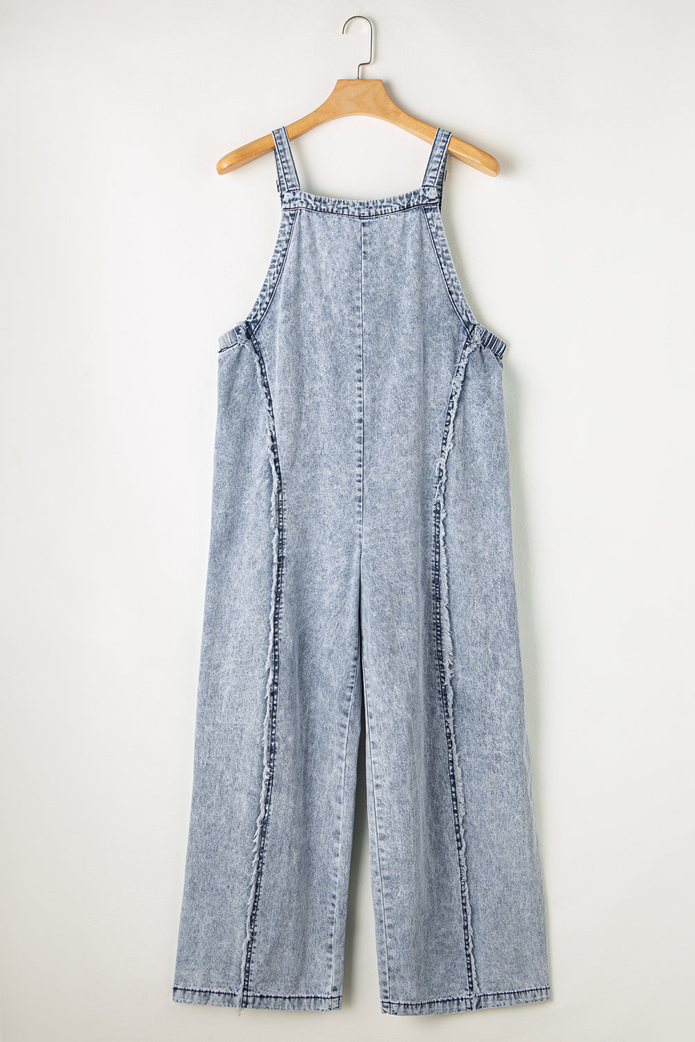 Beau blue light wash ausgefranste exponierte naht weites bein denim overall
