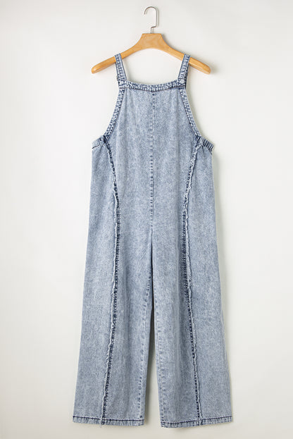 Beau blue light wash ausgefranste exponierte naht weites bein denim overall