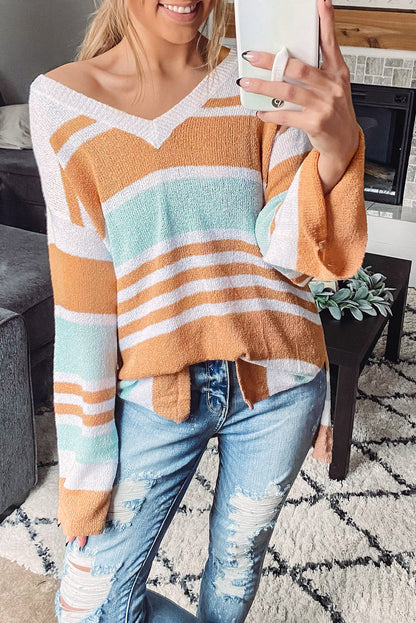 Mehrfarbiger colorblock-streifen langärmeliger geteilter pullover