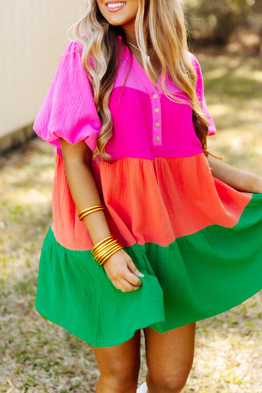 Multicolor color block tiered puff sleeve kleid