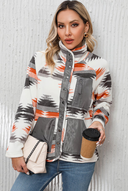 Mehrfarbige azteken fleece patchwork jacke mit druckknöpfen