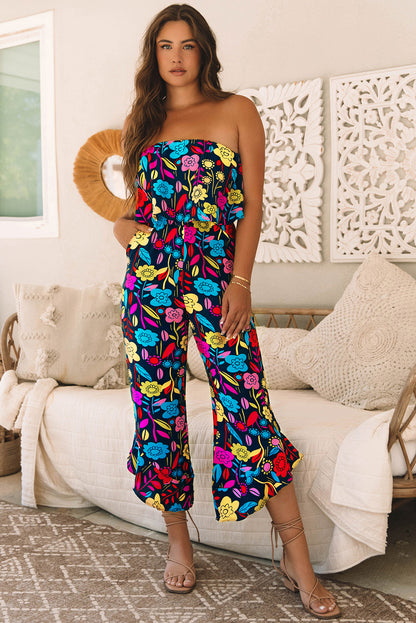 Rot mix tropical print trägerloser geraffter jumpsuit