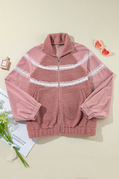 Rosa sherpa patchwork spitze elastische manschette zip up jacke