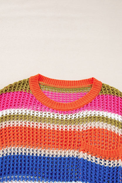 Orange gestreifter colorblock pullover mit 3/4-ärmeln aus gehäkeltem material