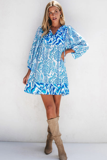 Himmelblau bohemian print puff sleeve tied v neck flared mini dress