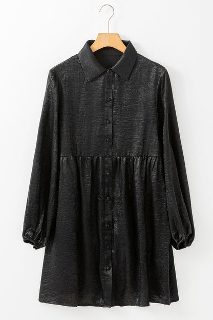 Schwarzer metallic-glanz puffärmel button up mini shirt kleid