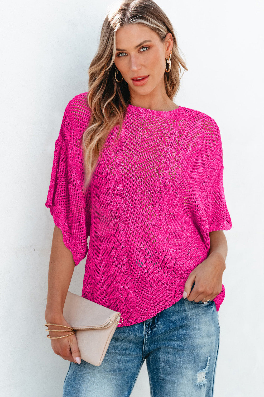 Rose red pointelle knit jakobsmuschel rand kurzarm top