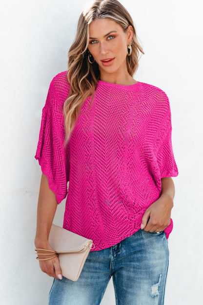 Rose red pointelle knit jakobsmuschel rand kurzarm top