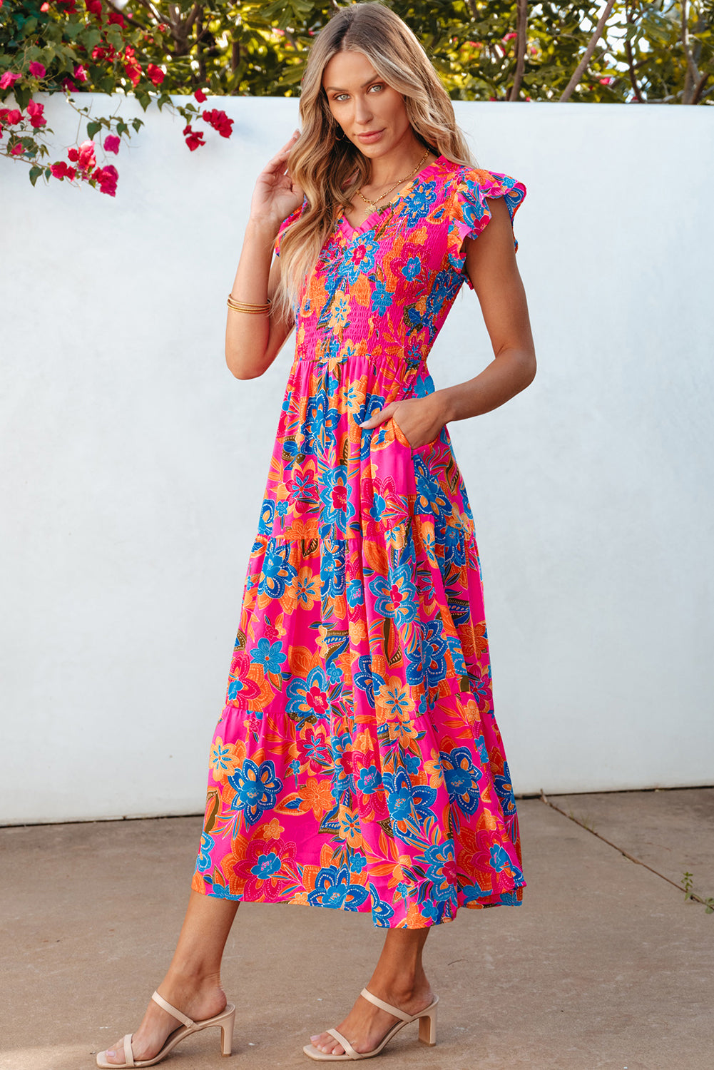 Rosenrot boho floral v-ausschnitt rüschen gestreift langes kleid