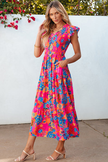 Rosenrot boho floral v-ausschnitt rüschen gestreift langes kleid