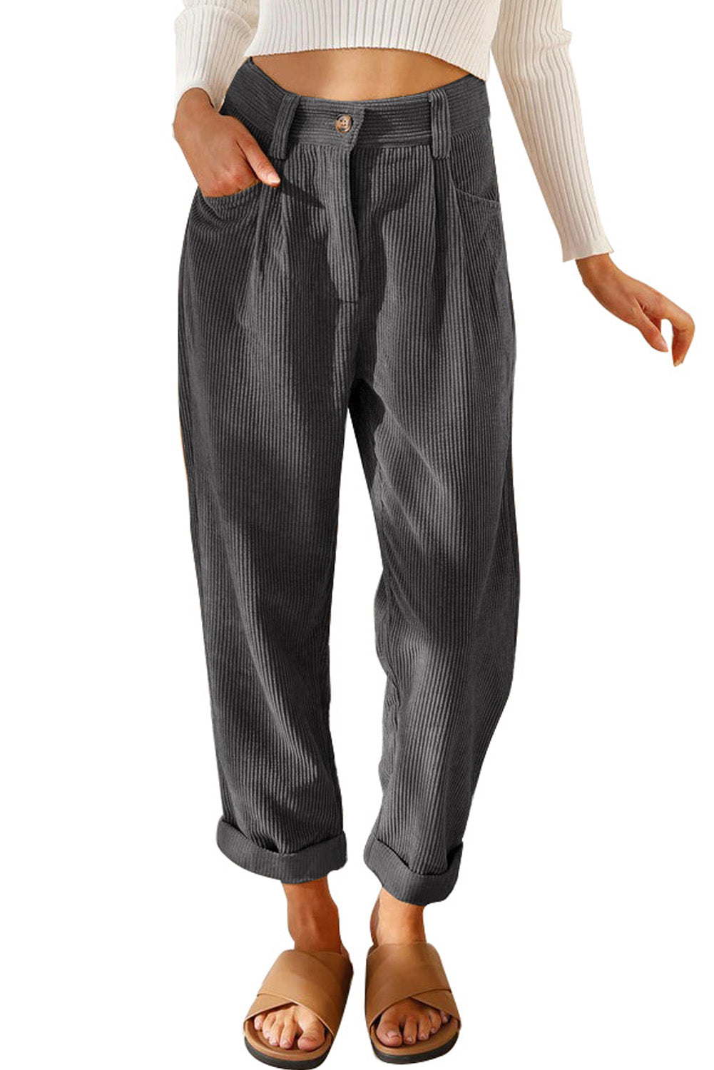 Graue kordhose mit hoher taille und geradem bein