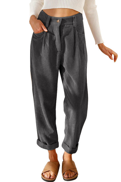 Graue kordhose mit hoher taille und geradem bein